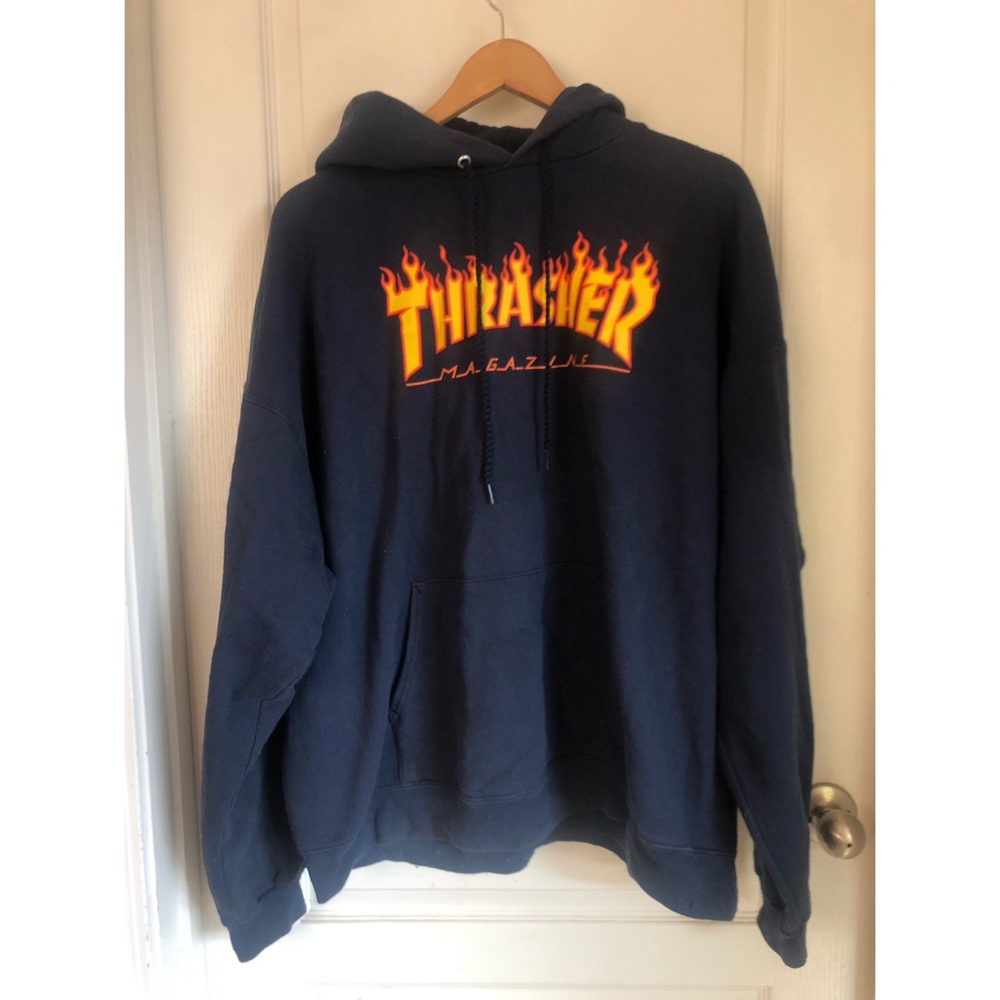 Thrasher Navy Hoodie with Yellow-Orange Flame Logo
